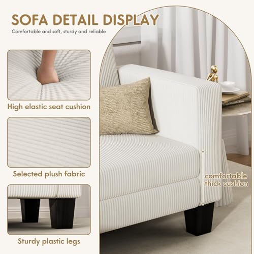 YESHOMY L-Shaped Convertible Sectional Sofa 3 Seater with Corduroy Fabric, Complete with Mobile Footrest, for Living Room, Apartment and Office, 70", Cream YESHOMY