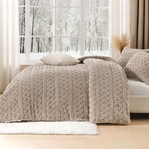 Andency Fluffy Sherpa Full Comforter Set, Super Soft Khaki Fleece Warm Bedding for Winter, Luxury Jacquard Boho Thick Fuzzy Plush Bed Set 3 Pieces(1 Shaggy Comforter, 2 Pillowcases) Andency
