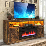 Farmhouse Fireplace TV Stand for 70/75/80 Inch TV, 32”Tall Entertainment Center w/ 36”Electric Fireplace & LED Light, 70”Media Console w/Barn Door Cabinet for Living Room, Rustic Brown jiteentarou