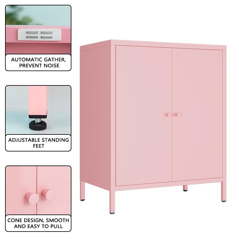 Fumedo Small 2 Transparent Door Metal Storage Side Buffet Cabinet for Bed Room,Living Room,Entryway,Hallway,Home,Hotel,Office,Garage,Kitchen,1 Removable Shelf. (Metal Door, Pink) Fumedo