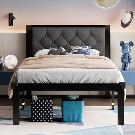 Feonase Twin Size Metal Bed Frame with Linen Upholstered Headboard, Heavy-Duty Platform Bed Frame with 12" Storage, Steel Slats Support, No Box Spring Needed, Gray Feonase