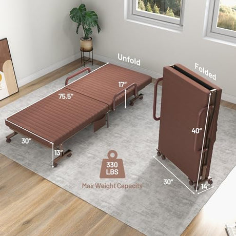 KOMFOTT Folding Rollaway Bed with Mattress for Adults, Portable Guest Bed with 6 Positions Adjustable Backrest, Foldable Reinforced Steel Frame Rolling Bed with Side Storage Pocket KOMFOTT