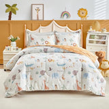 Joyreap 3pcs Cotton Queen Size Comforter Set for Kids Boys Girls, Zoo Theme Animals White n Brown Design, Soft n Cozy 3 Pieces Bedding Comforter Set for All Season- 88x88 inches Joyreap