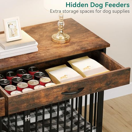 YITAHOME 74.8" Double Dog Crate Furniture with Dog Feeder, Heavy Duty Indoor Dog Kennel TV Stand with Drawers, Sturdy Dog Kennel with Divider for 2 Medium Large Dogs, Brown YITAHOME