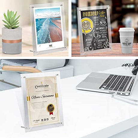 8x10 Modern Acrylic Photo Frame, Clear Glass-Like Desk Picture Frame with Stand off & Hanging String, Frameless Floating Look, Self-Standing Desktop or Wall Mount, Horizontal & Vertical Display ADColor