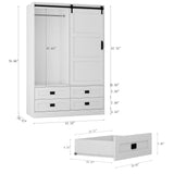 GOSROMS Armoire Wardrobe Closet with Sliding barn Door，Wardrobe Cabinet with 4 Storage Drawers and Hanging Rail,Freestanding Wooden Closet for Bedroom (White) GOSROMS