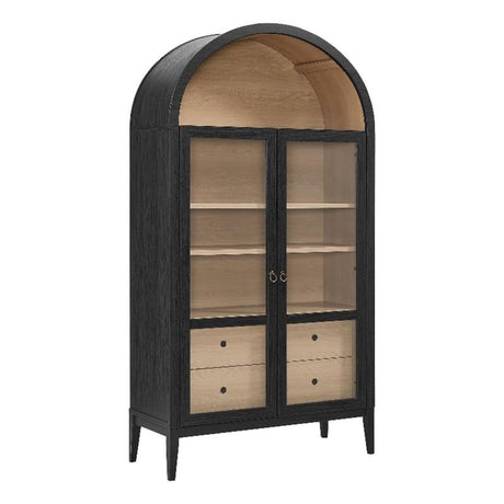Modway Nolan Tall Arched Storage Display Cabinet in Black Oak - 74 Inch Arch Bookshelf with Glass Doors, Shelves and Drawers - Modern Accent Cabinet for Living Room, Dining Room Modway