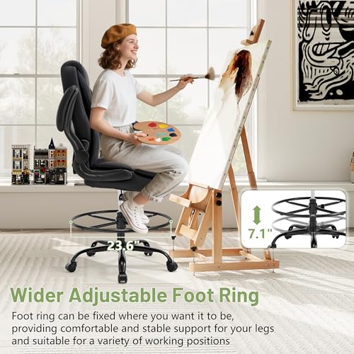 500LBS Drafting Chair, High Back Safer Standing Desk Chair, Executive Tall Office Chair with Flip-up Armrests, Upholstered PU Leather Task Chair, Ergonomic Seat with Adjustable Height&Foot Ring, Black Sofetura