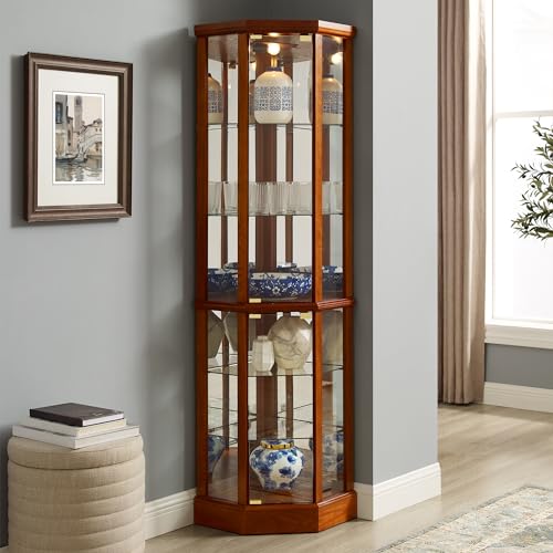 6 Shelf Lighted Corner Curio Cabinet with Adjustable Tempered Glass Shelves and Mirror Back, Oak(E26 Light Bulb not Included) WoodArtSupply