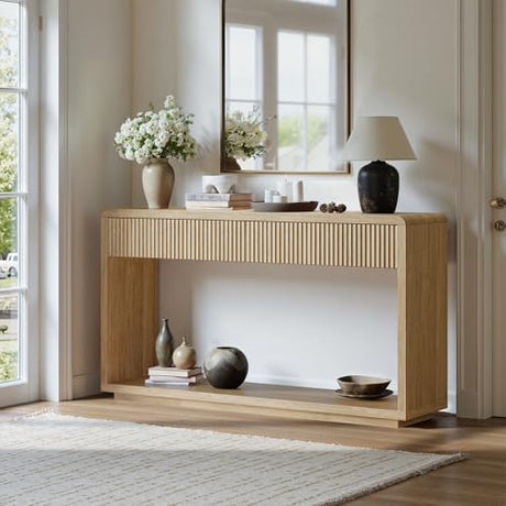 Evermagin 59'' Oak Entryway Table with Drawers, Boho Fluted Console Table, Sofa Table with Storage for Living Room, Entrance, Hallway Evermagin