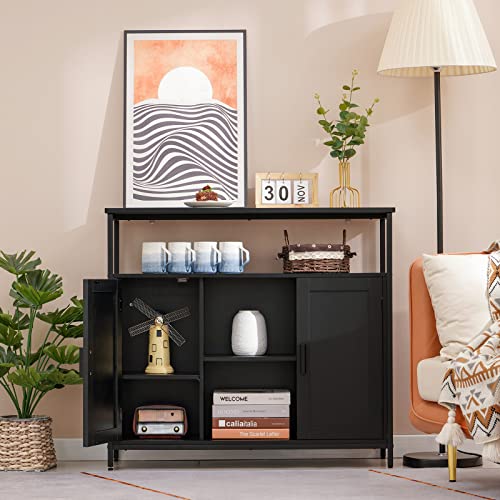 usikey Storage Cabinet with 2 Doors, Kitchen Buffet Cabinet with Storage, Storage Sideboard with Adjustable Shelves, for Living Room, Dining Room Dark Black