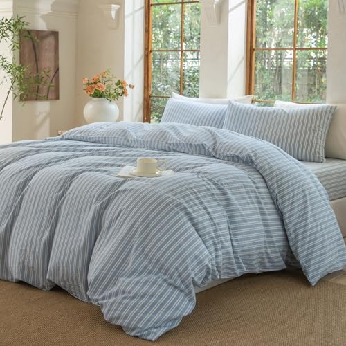 BESTDESIL Luxury 100% Washed Cotton Linen Like Duvet Cover Set,3 Pcs Striped Duvet Cover with Zipper Closure(Strip-Cornflower Blue/White,Queen) BESTDESIL