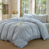 BESTDESIL Luxury 100% Washed Cotton Linen Like Duvet Cover Set,3 Pcs Striped Duvet Cover with Zipper Closure(Strip-Cornflower Blue/White,Queen) BESTDESIL