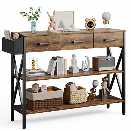 Gizoon 47" Console Table with 3 Drawers, Industrial Entryway Table with 3 Tier Storage Shelves, Narrow Long Sofa Table for Entry Way, Hallway, Couch, Living Room, Kitchen, Rustic Brown Gizoon