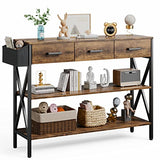 Gizoon 47" Console Table with 3 Drawers, Industrial Entryway Table with 3 Tier Storage Shelves, Narrow Long Sofa Table for Entry Way, Hallway, Couch, Living Room, Kitchen, Rustic Brown Gizoon