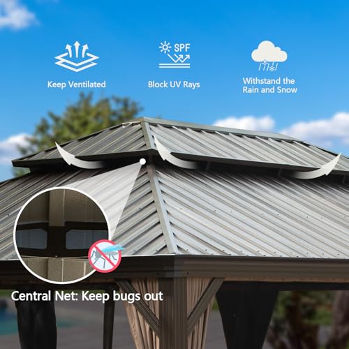 Domi Hardtop Gazebo 14x20FT, Outdoor Gazebo with Galvanized Steel Double Roof, Aluminum Frame, Built-in Gutter System, Curtain and Netting, Metal Gazebo Pavilion for Patio Deck Garden, Brown - WoodArtSupply