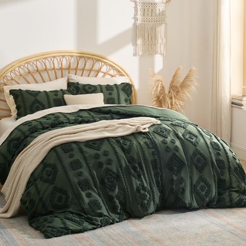 Bedsure Boho Duvet Cover Queen Size - Dark Green Tufted Boho Bedding, Farmhouse Shabby Chic Embroidery Bedding for All Seasons, 3 Pieces, 1 Soft Jacquard Queen Comforter Cover and 2 Pillow Shams Bedsure