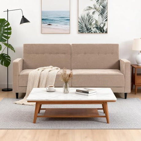Culect 80" L Futon Sofa Bed, 3-in-1 Adjustable Futon Bed for Sitting or Reclining, Suitable for Living Room, Studies and Small Space, Linen Fabric, Beige Culect