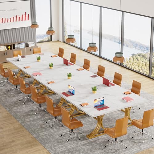 Tribesigns 10.5FT Faux Marble Conference Table, Modern Meeting Table with Gold Legs for 8-10 People, Rectangle Seminar Boardroom Table for Office Conference Room (4, White + Gold) Tribesigns