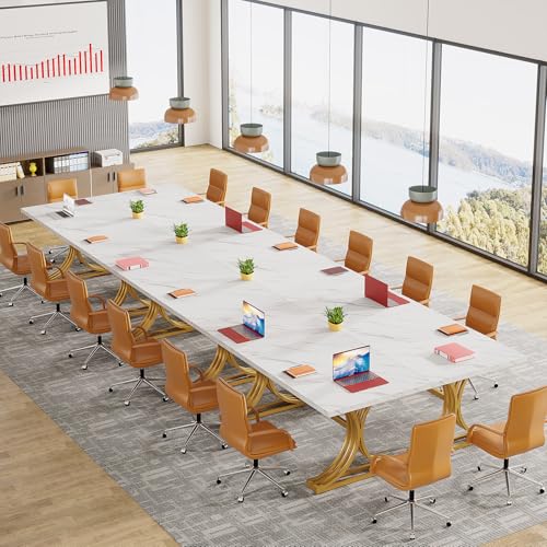 Tribesigns 10.5FT Faux Marble Conference Table, Modern Meeting Table with Gold Legs for 8-10 People, Rectangle Seminar Boardroom Table for Office Conference Room (4, White + Gold) - WoodArtSupply