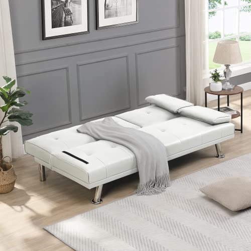 Futon Sofa Bed Modern Folding Couch for Small Space, Faux Leather Convertible Loveseat Sleeper Bed Daybed Recliner Lounge Sofas for Living Room,2 Cup Holders,Metal Legs,Removable Armrests (White) Anwick