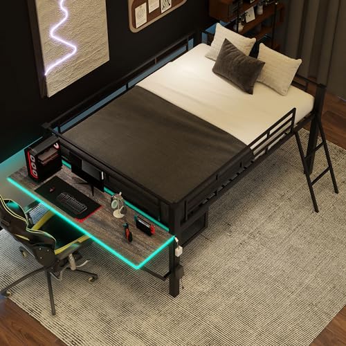 DEYOBED Full Size Loft Gaming Bed with LED Light and Integrated Desk in Black