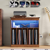 MHOM Farmhouse Large Record Player Stand with Power Outlets & LED Lights, Vinyl Record Stand hold up to 150 Albums, Turntable Stand for Living Room, Bedroom, Brown MHOM