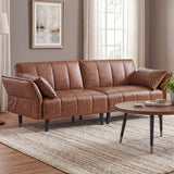 GULFXDS 77" Mid Century Modern Futon Sofa Bed, Comfy Faux Leather Couch with Adjustable Backrest & Armrest, Upholstered Sleeper Sofa for Living Room, Apartment, Home Office (Brown) GULFXDS