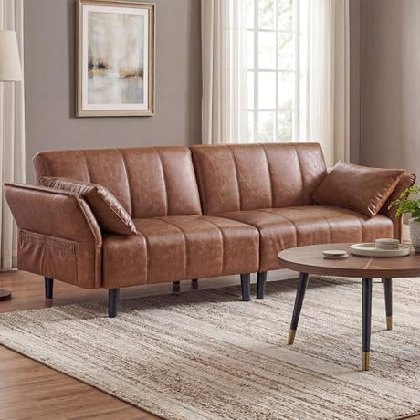 GULFXDS 77" Mid Century Modern Futon Sofa Bed, Comfy Faux Leather Couch with Adjustable Backrest & Armrest, Upholstered Sleeper Sofa for Living Room, Apartment, Home Office (Brown) GULFXDS