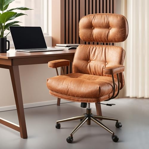 ovios Ergonomic Office Chair, High Back Faux Leather Executive Chairs with Thick Cushion, Comfy Mid-Century Modern Swivel Rolling Computer Armchair (Brown, Suede Leather) ovios
