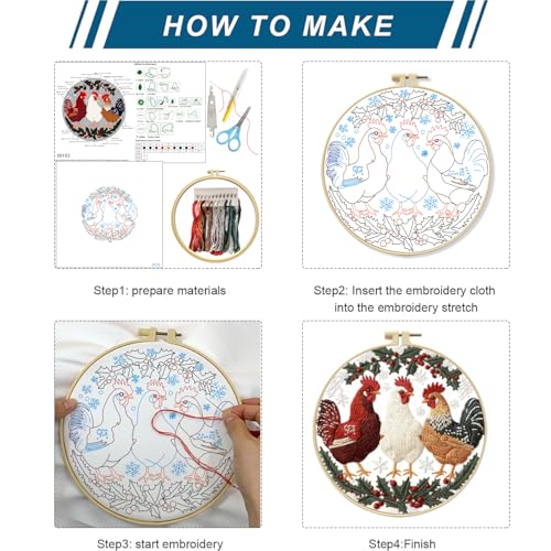 Zhenqing Birds Embroidery Kit for Beginners, 4 Circular Designs with 20cm Hoop, Pre-Printed 29x29cm Fabric & Threads - Flamingo, Swan, Chicken, Rooster Patterns for Home Decor(C0180)