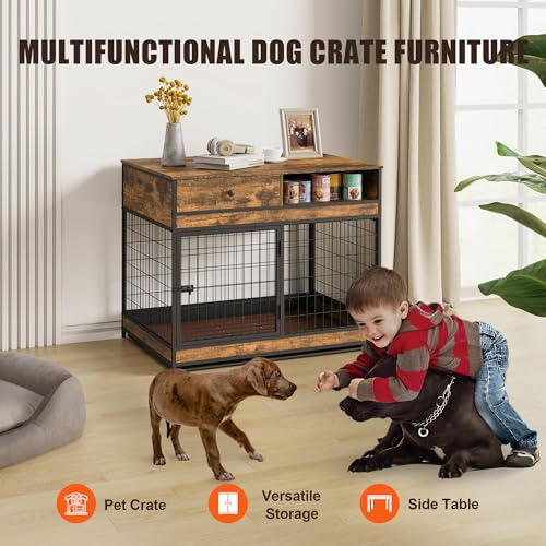 FAVOOSTY Dog Crate Furniture, 31.5 Inch Dog Kennel with Storage Drawer, Double Doors Heavy Duty Dog Cage with Removable Tray, Indoor Wooden Pet Crate for Small Medium Dogs, Rustic Brown - WoodArtSupply