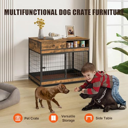 FAVOOSTY Dog Crate Furniture, 31.5 Inch Dog Kennel with Storage Drawer, Double Doors Heavy Duty Dog Cage with Removable Tray, Indoor Wooden Pet Crate for Small Medium Dogs, Rustic Brown