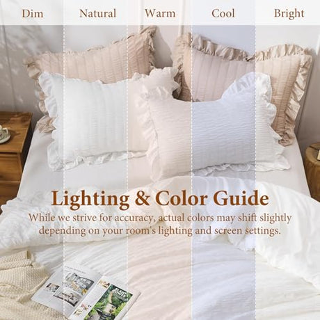 JOLLYVOGUE White Twin Size Comforter Set, 2 Pieces Seersucker Lightweight Fluffy Bedding Set, Twin Ruffle Comforter, All Season Soft Microfiber Shabby Chic Bed Set JOLLYVOGUE