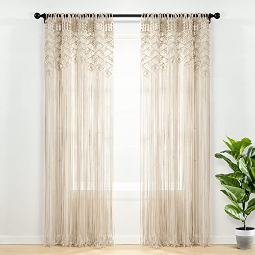 Lush Decor Boho Macrame Leaf Cotton Window Curtain Panel Single 40" W x 84" L Neutral - Macrame Curtains for Windows - Room Divider - Boho Wall Decor Lush Decor