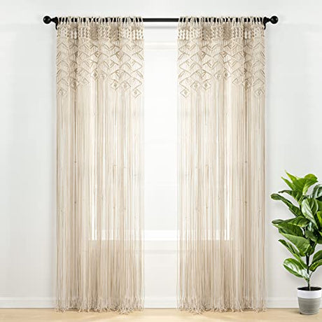 Lush Decor Boho Macrame Leaf Cotton Window Curtain Panel Single 40" W x 84" L Neutral - Macrame Curtains for Windows - Room Divider - Boho Wall Decor Lush Decor