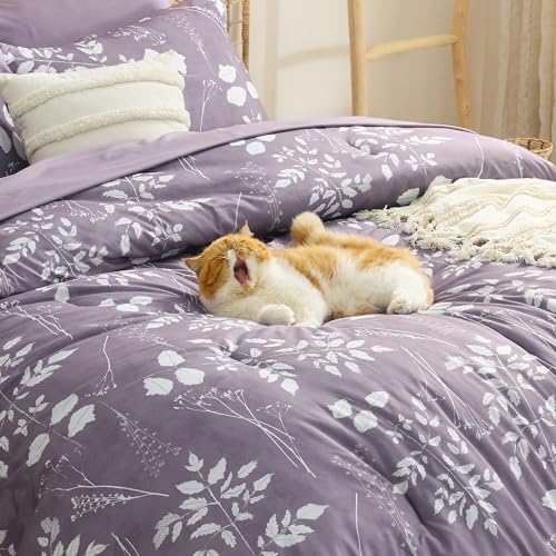 Bedsure Grayish Purple Twin Comforter Set - 5 Pieces Floral Bedding Sets Twin Bed in a Bag with Reversible Botanical Flowers Comforter, Sheets, Pillowcase & Sham Bedsure