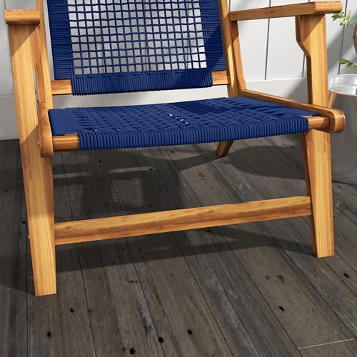 Outsunny Patio Acacia Wood Adirondack Chair, Modern Wood Fire Pit Chair with PP Rope Weave, Coconino Lounge Chair with High Backrest Support, Dark Blue - WoodArtSupply