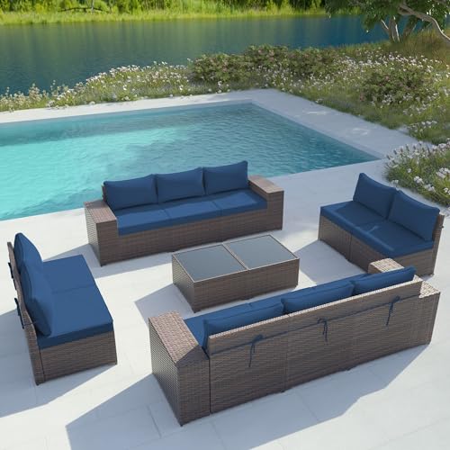 Gotland 12 Pieces Patio Furniture Set Outdoor Sectional Wicker Furniture All-Weather PE Rattan Patio Conversation Sets w/10 Replaceable Navy Waterproof Cushions and 2 Coffee Table - WoodArtSupply