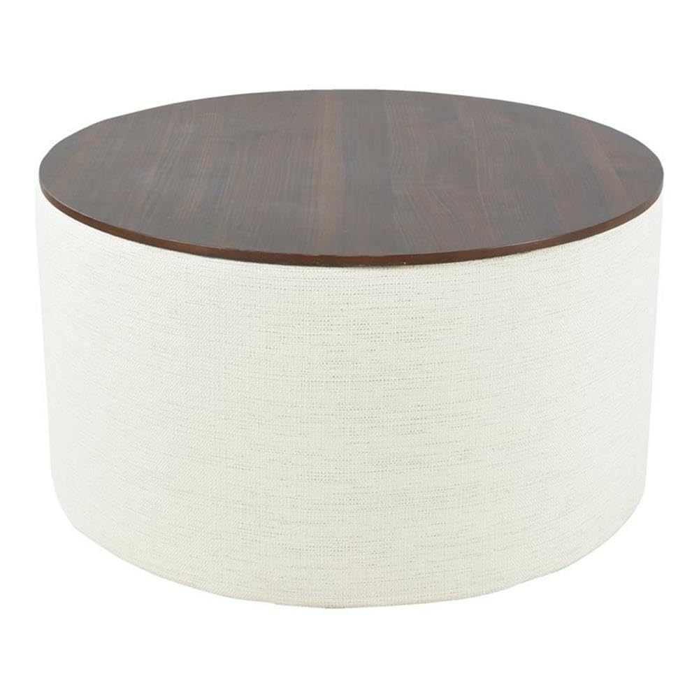 HomePop Modern Fabric Storage Ottoman with Wood Top - Stain-Resistant Cream Woven 30 x 30 inch