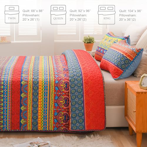 Exclusivo Mezcla Reversible Boho Quilts Twin Size, Blue Bedspreads Lightweight Coverlet All Season Bohemian Quilt Bedding Set with Printed Floral Pattern (1 Quilt, 1 Pillow Sham) Exclusivo Mezcla