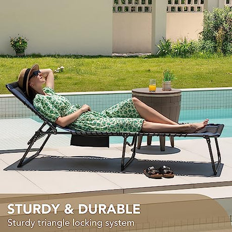 Devoko 4-Fold Padded Portable Folding Outdoor Chaise Lounge Heavy Duty Reclining Chair with Pillow & Side Pocket for Patio, Beach, Pool, Camping, Sunbathing (Blue) Devoko