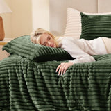EXQ Home Fluffy Comforter Set Twin Size - Super Soft Faux Fur Stripe Jacquard Comforter 3 Pieces, Olive Green Fleece Bedding Set,Winter Warm Bed Set,1 Comforter with 1 Pillowcase EXQ Home
