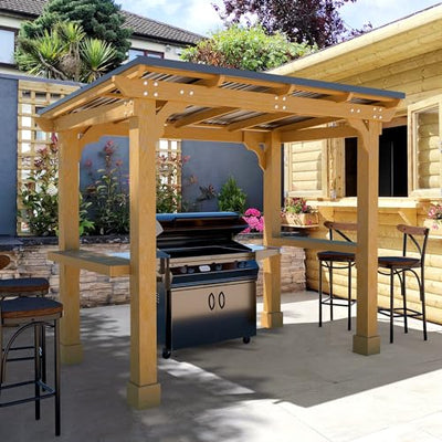 VEIKOU 8’x5’ Grill Gazebo, Patio Gazebo with Hardtop Metal Roof, Rainwater Drainage, Wood Frame, BBQ Gazebo for Barbecue, Backyard, Garden, Rustic
