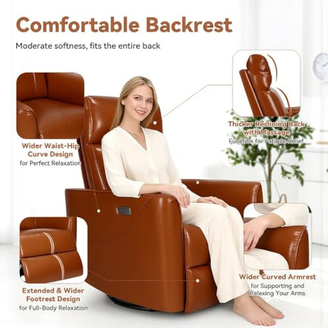 Himimi Power Recliner Chair, Swivel Rocker Recliner with Massage and Heat, Nursery Glider for Living Room, Small Space, Faux Leather, USB, Side Pockets, Orange-Brown Himimi
