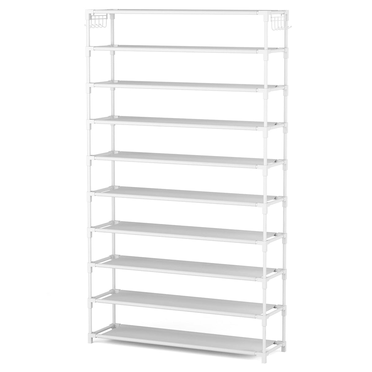 LANTEFUL 10 Tiers Shoe Rack 50 Pairs Large Capacity Tall Shoe Organizer Sturdy Shoe Storage with Two Hooks Space Saving Metal Wide Shoe Rack for Closet, Entryway, Bedroom, White LANTEFUL