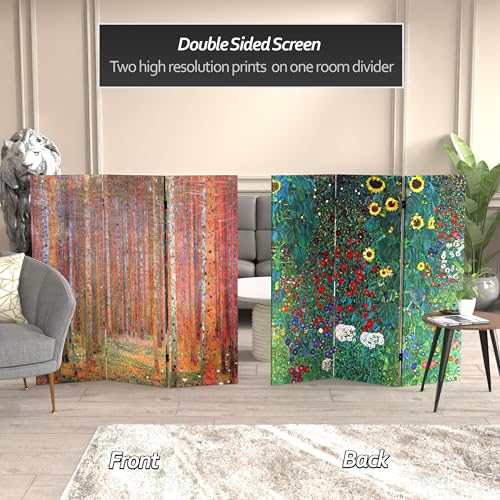 Red Lantern Double Sided Works of Klimt Room Divider - Tannenwald/Farm Garden, 4 Foot - 3 Panel Red Lantern