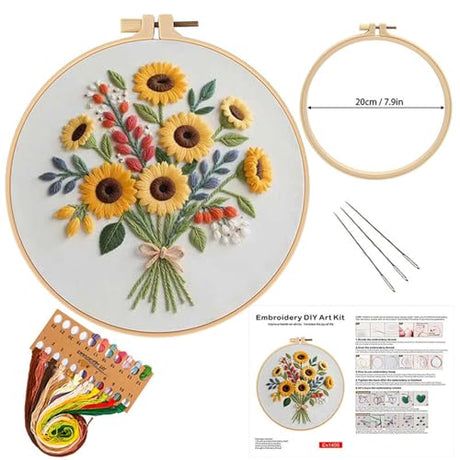 Sunflower Embroidery Kit for Beginners - All in One DIY Cross Stitch Starter with Hoop, Pre-Printed Fabric, Embroidery Threads, Needles,Perfect Craft Gift for & Home Decor Generic