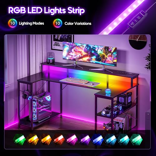 ODK 55 Inch Gaming Desk with LED Lights and Power Outlet, U-Shaped Computer Desk with Monitor Stand and Storage Shelves, PC Gamer Table for Home Office, Carbon Fiber Black ODK