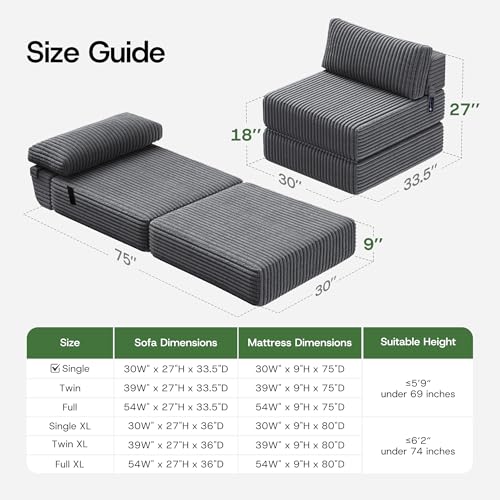 MEGAYES 4-in-1 Folding Sofa Bed Convertible Chair Couch Foldable Chaise Lounger & Mattress Pocket Coils+Foam Fill, Portable No Assembly Boneless Sofa Floor Futon for Living Room/Bedroom, Gray Single MEGAYES